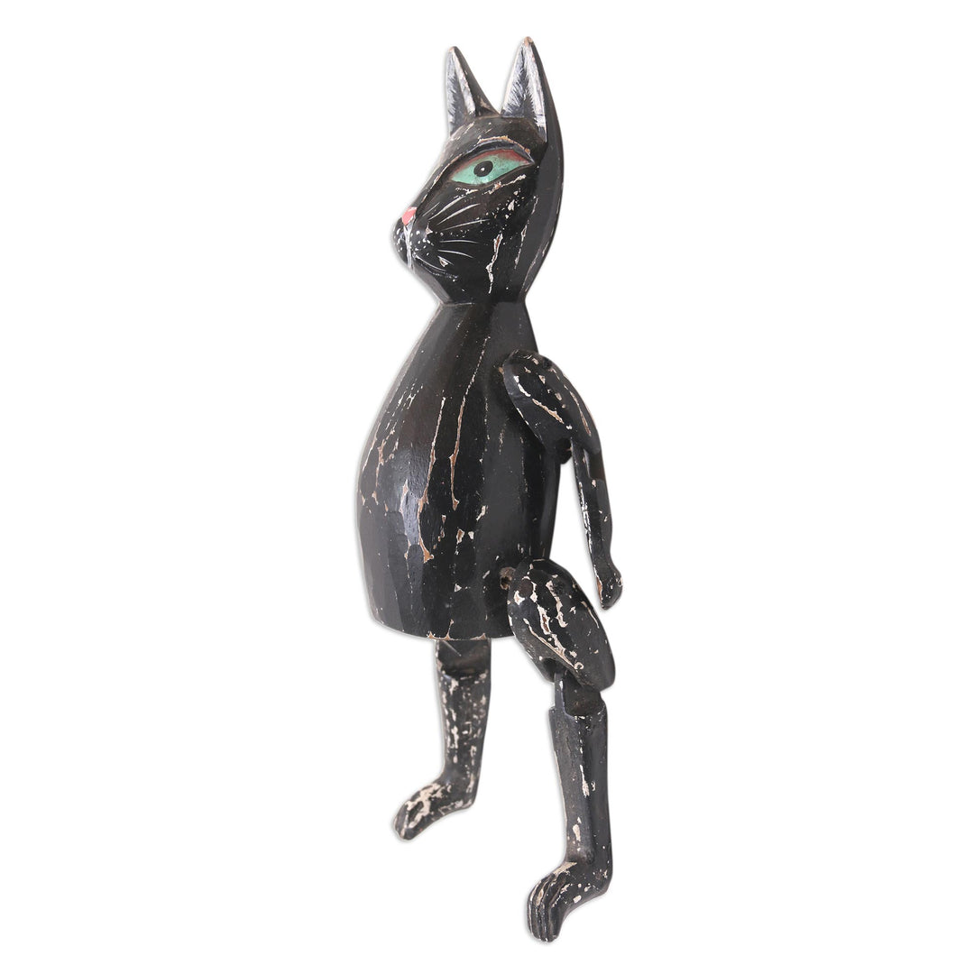 Black Albesia Wood Cat Statuette from Bali - Nine Lives