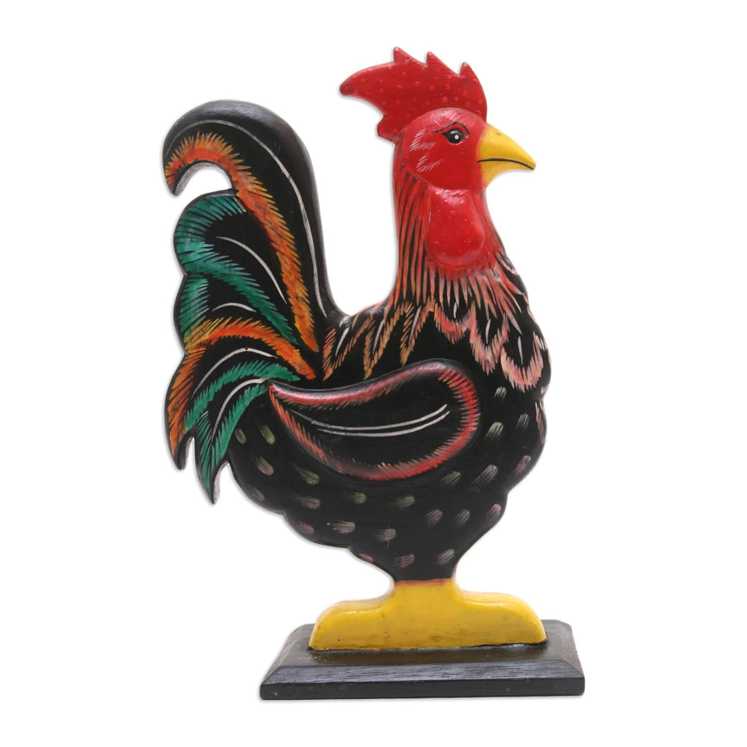 Hand Painted Albesia Wood Rooster Statuette - Brave Rooster