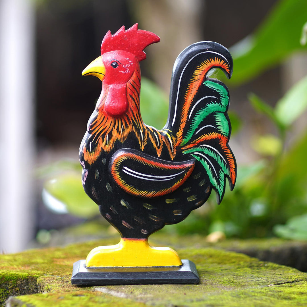 Hand Painted Albesia Wood Rooster Statuette - Brave Rooster