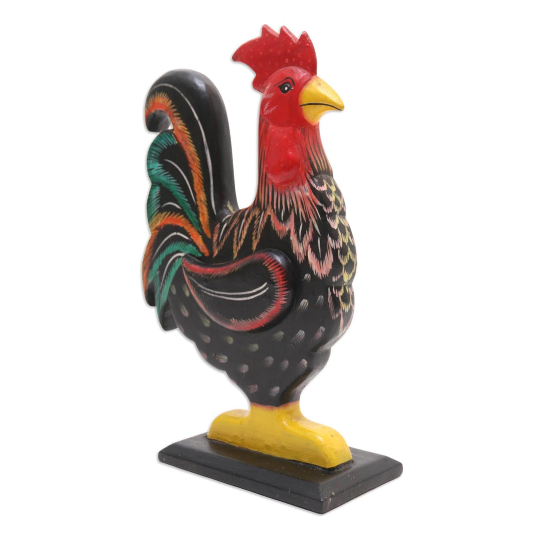 Hand Painted Albesia Wood Rooster Statuette - Brave Rooster