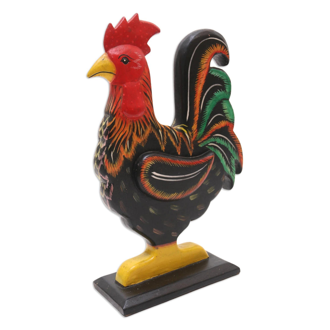 Hand Painted Albesia Wood Rooster Statuette - Brave Rooster