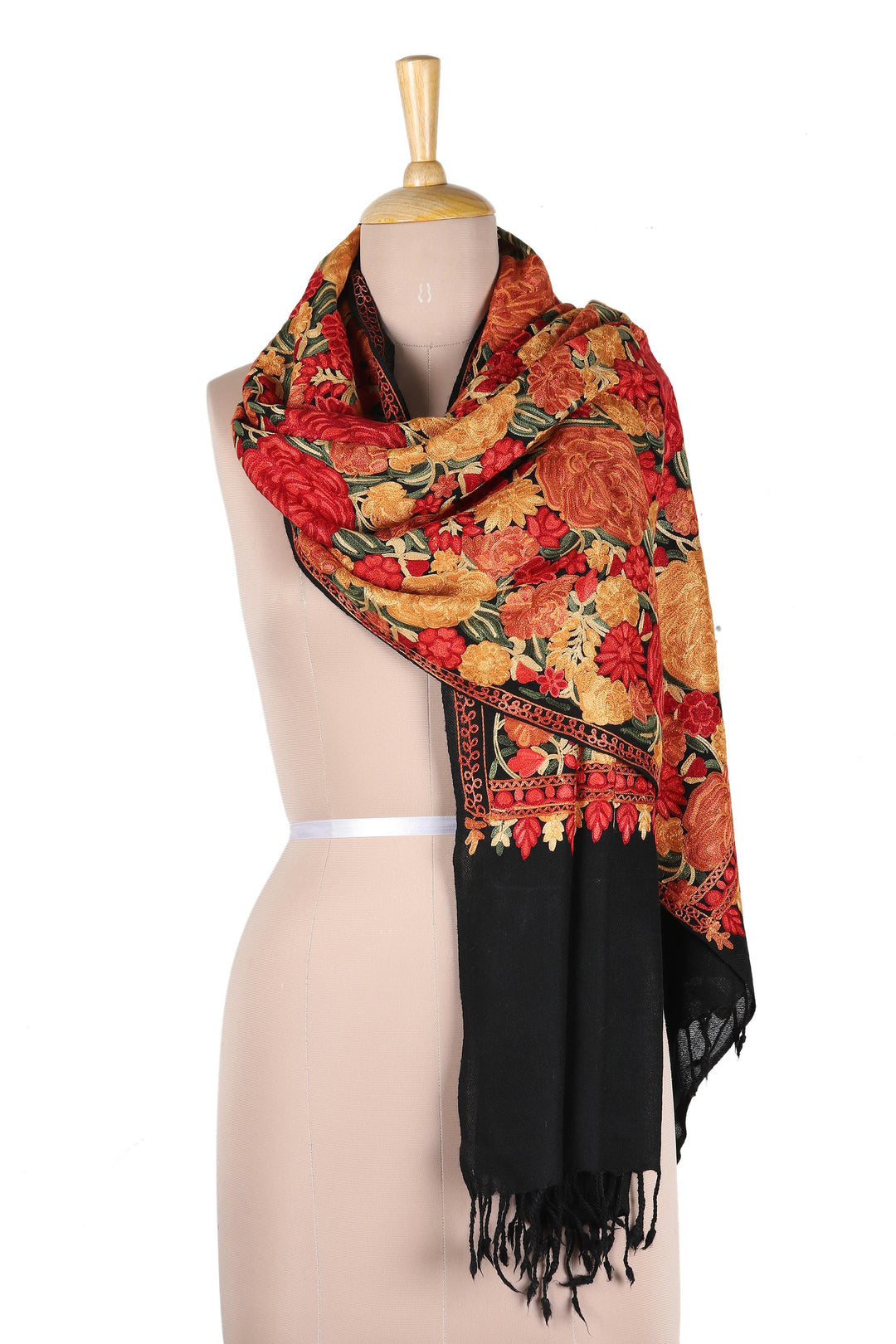 Black Wool Shawl with Chain Stitch Embroidered Flowers - Kashmir Midnight