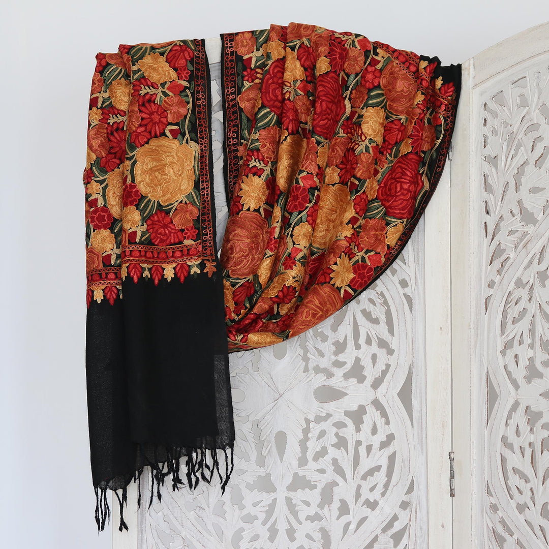 Black Wool Shawl with Chain Stitch Embroidered Flowers - Kashmir Midnight