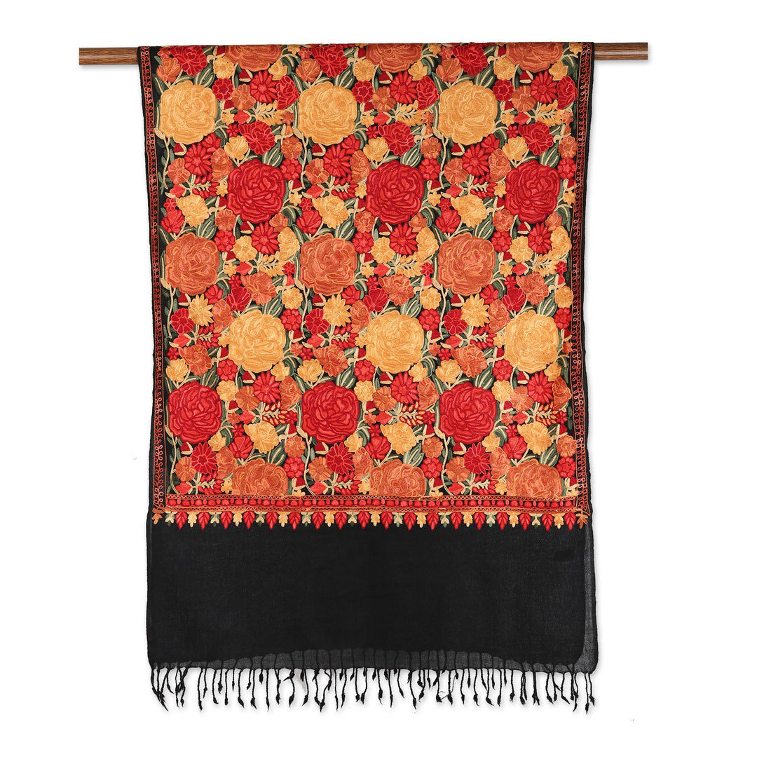 Black Wool Shawl with Chain Stitch Embroidered Flowers - Kashmir Midnight