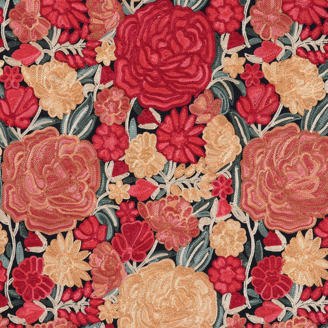 Black Wool Shawl with Chain Stitch Embroidered Flowers - Kashmir Midnight