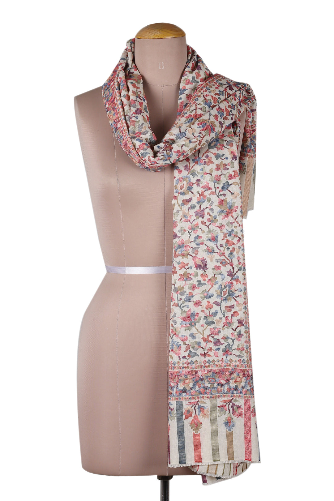 Indian Floral Motif Handwoven Wool Rectangular Kani Shawl - Kashmir Ivory