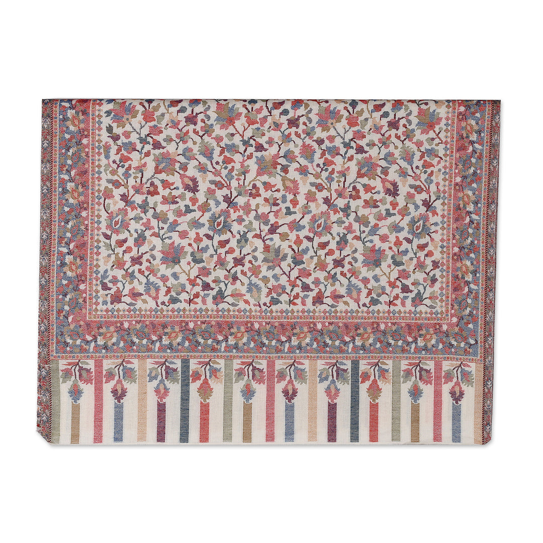 Indian Floral Motif Handwoven Wool Rectangular Kani Shawl - Kashmir Ivory