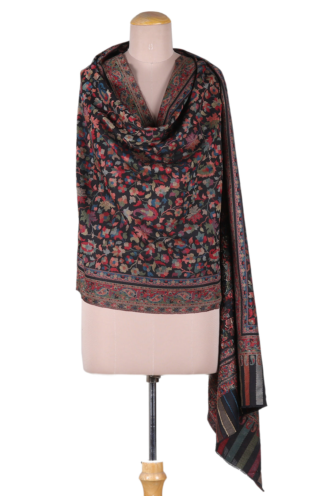 Richly Decorated India Floral Motif Handwoven Wool Shawl - Kani Midnight
