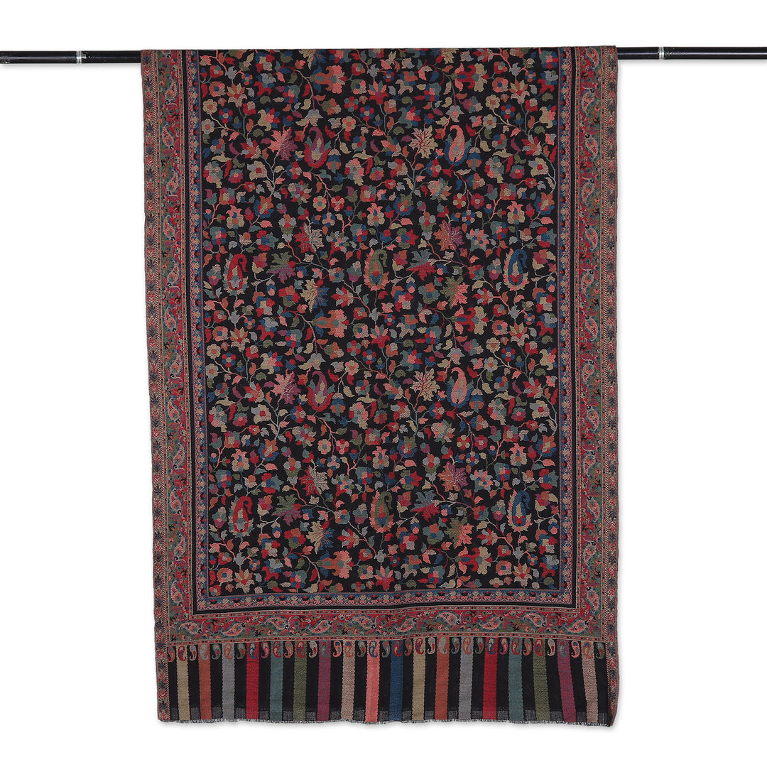 Richly Decorated India Floral Motif Handwoven Wool Shawl - Kani Midnight