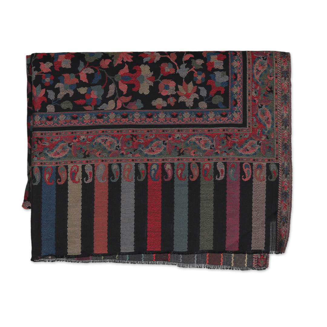 Richly Decorated India Floral Motif Handwoven Wool Shawl - Kani Midnight