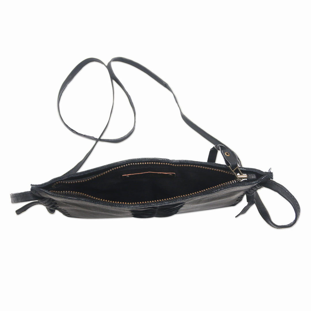 Hand-Cut Leather Sling Bag from Bali - Dark Center