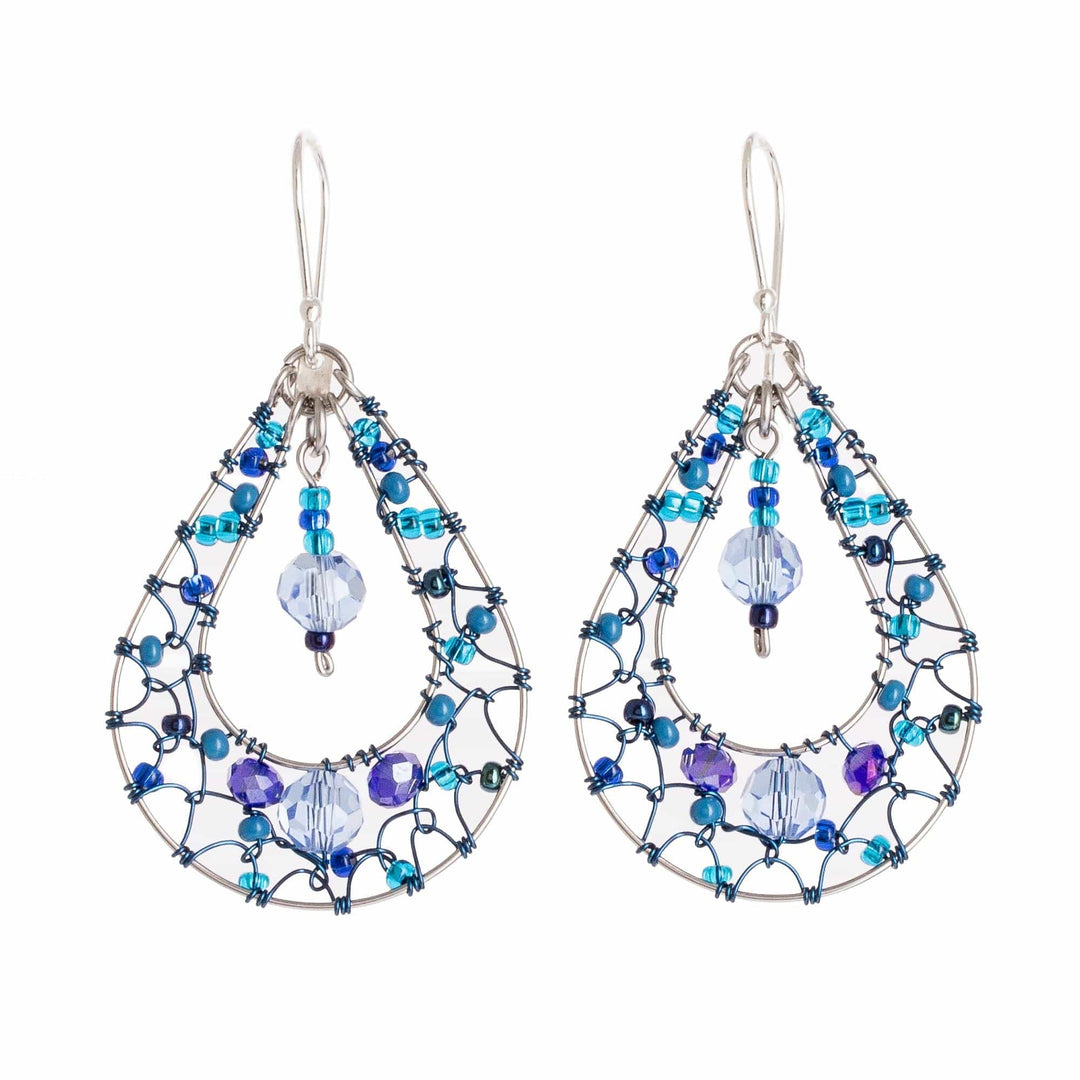 Double Drop Dangle Earrings With Blue Crystals and Filigree - Celeste Sparkle