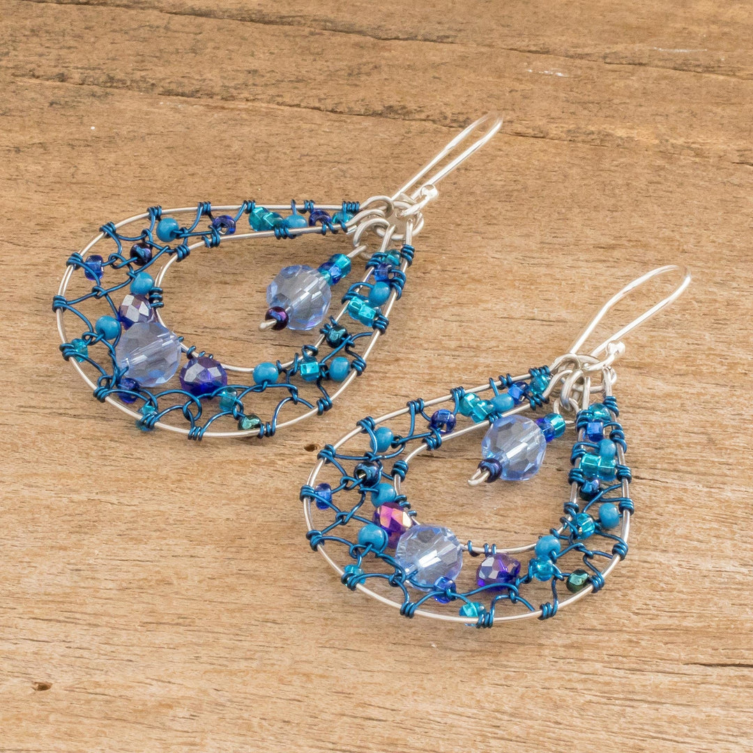 Double Drop Dangle Earrings With Blue Crystals and Filigree - Celeste Sparkle