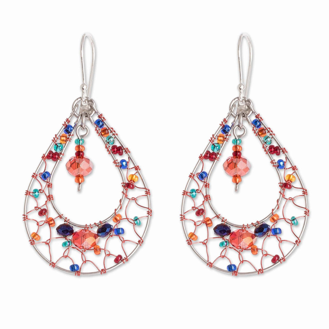 Double Drop Dangle Earrings With Red and Blue Crystals - Red and Blue Sparkle