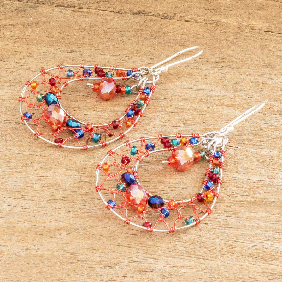 Double Drop Dangle Earrings With Red and Blue Crystals - Red and Blue Sparkle