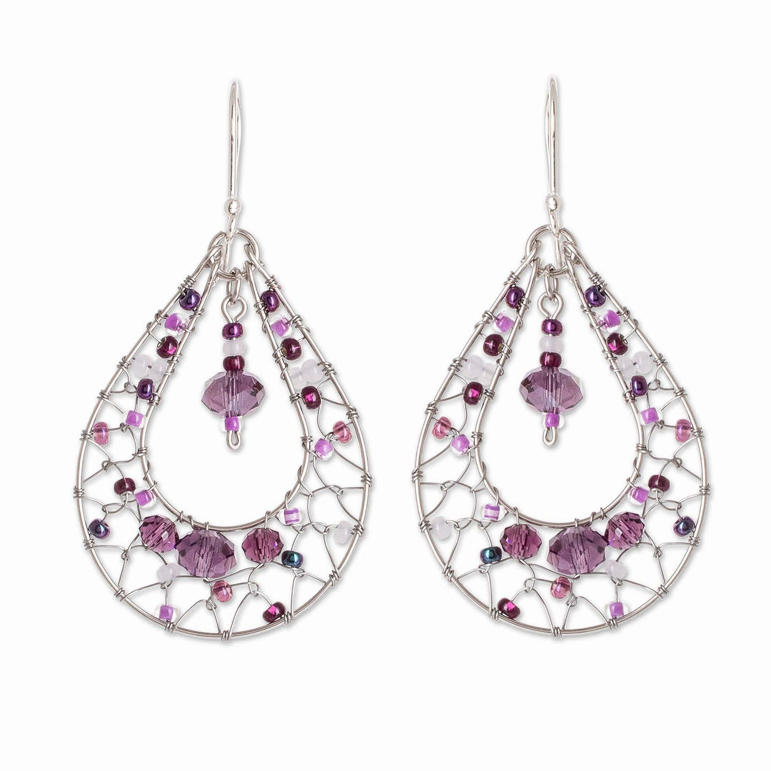 Double Drop Dangle Earrings With Purple Crystal Beads - Purple Drop Sparkle