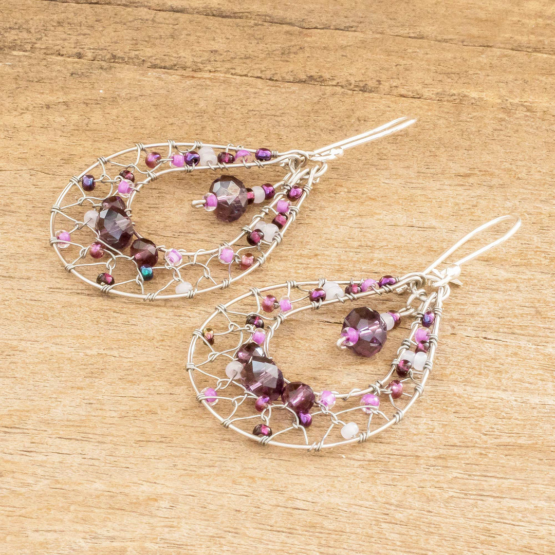 Double Drop Dangle Earrings With Purple Crystal Beads - Purple Drop Sparkle