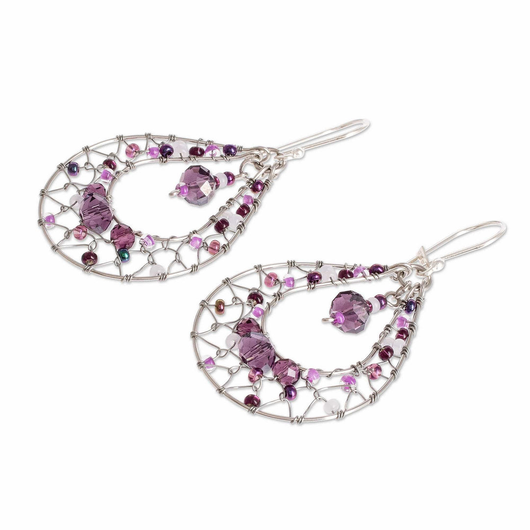 Double Drop Dangle Earrings With Purple Crystal Beads - Purple Drop Sparkle