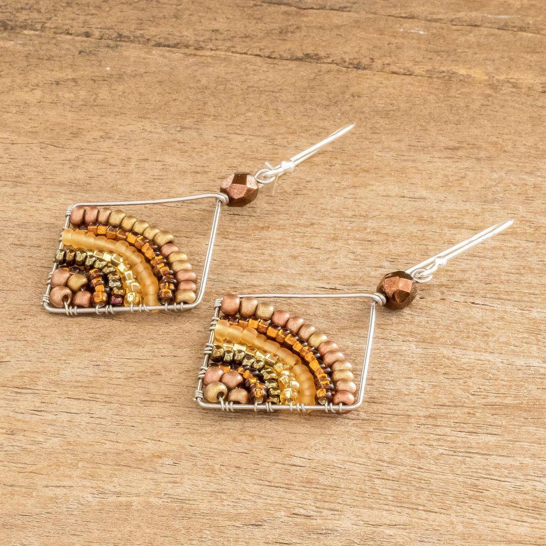 Amber Colored Beaded Dangle Earrings With Silver Hooks - Amber Rainbow