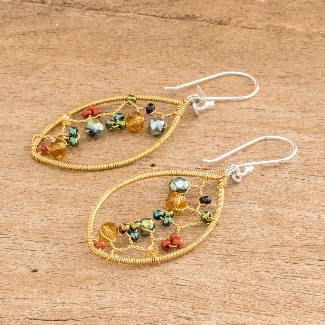 Multicolor Glass Beaded Dangle Earrings with Silver Hooks - Multicolor Crystal Web