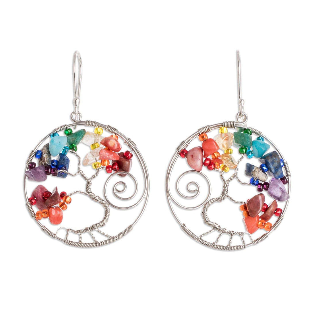 Tree of Life Themed Dangle Earrings With Beads and Gems - Crystal Tree of Life