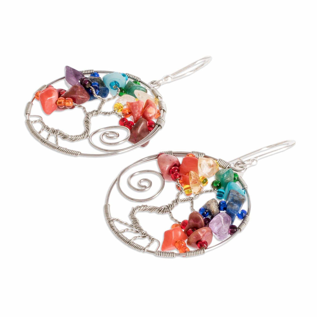 Tree of Life Themed Dangle Earrings With Beads and Gems - Crystal Tree of Life