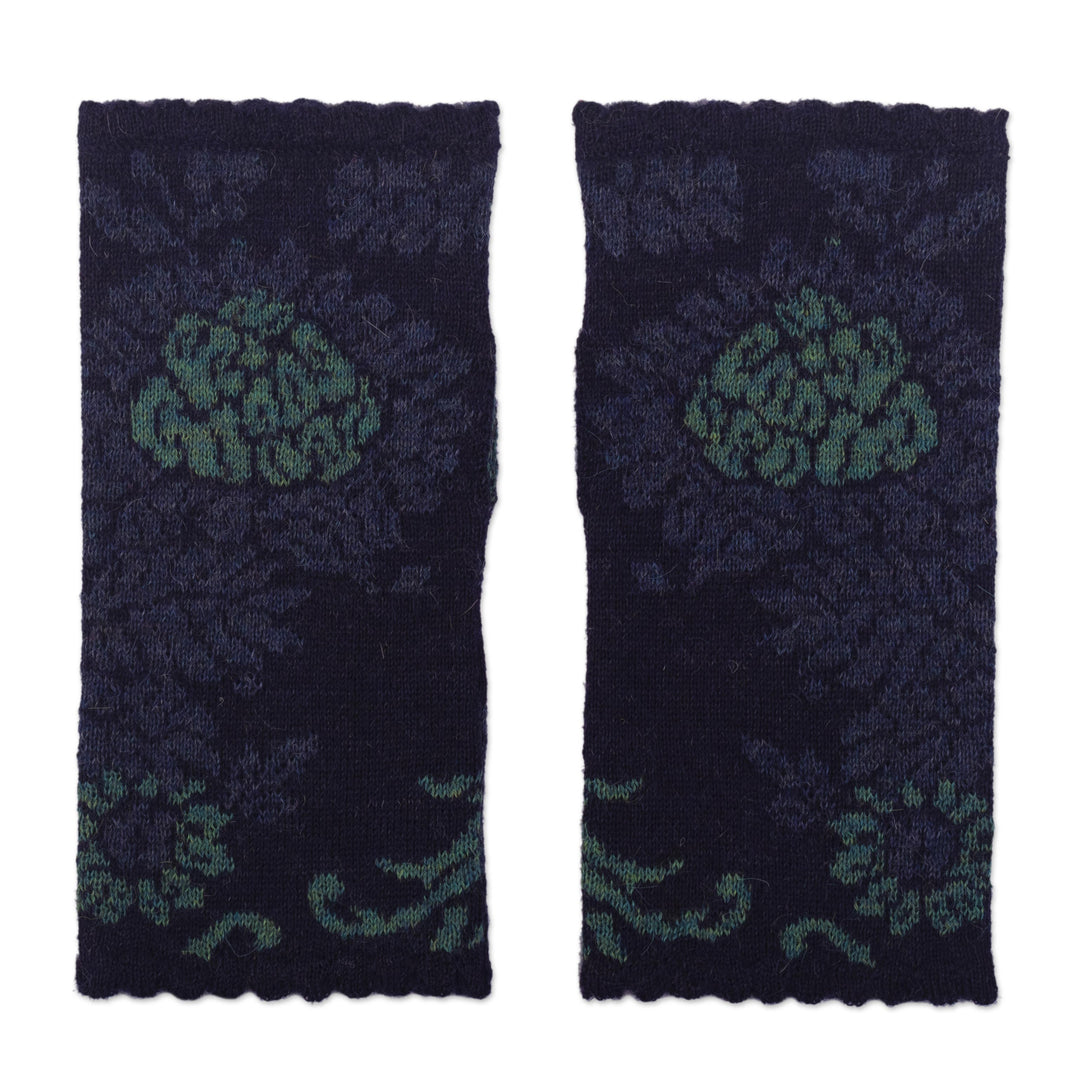 Knit 100% Alpaca Floral Fingerless Mitts - Blue Dream Garden