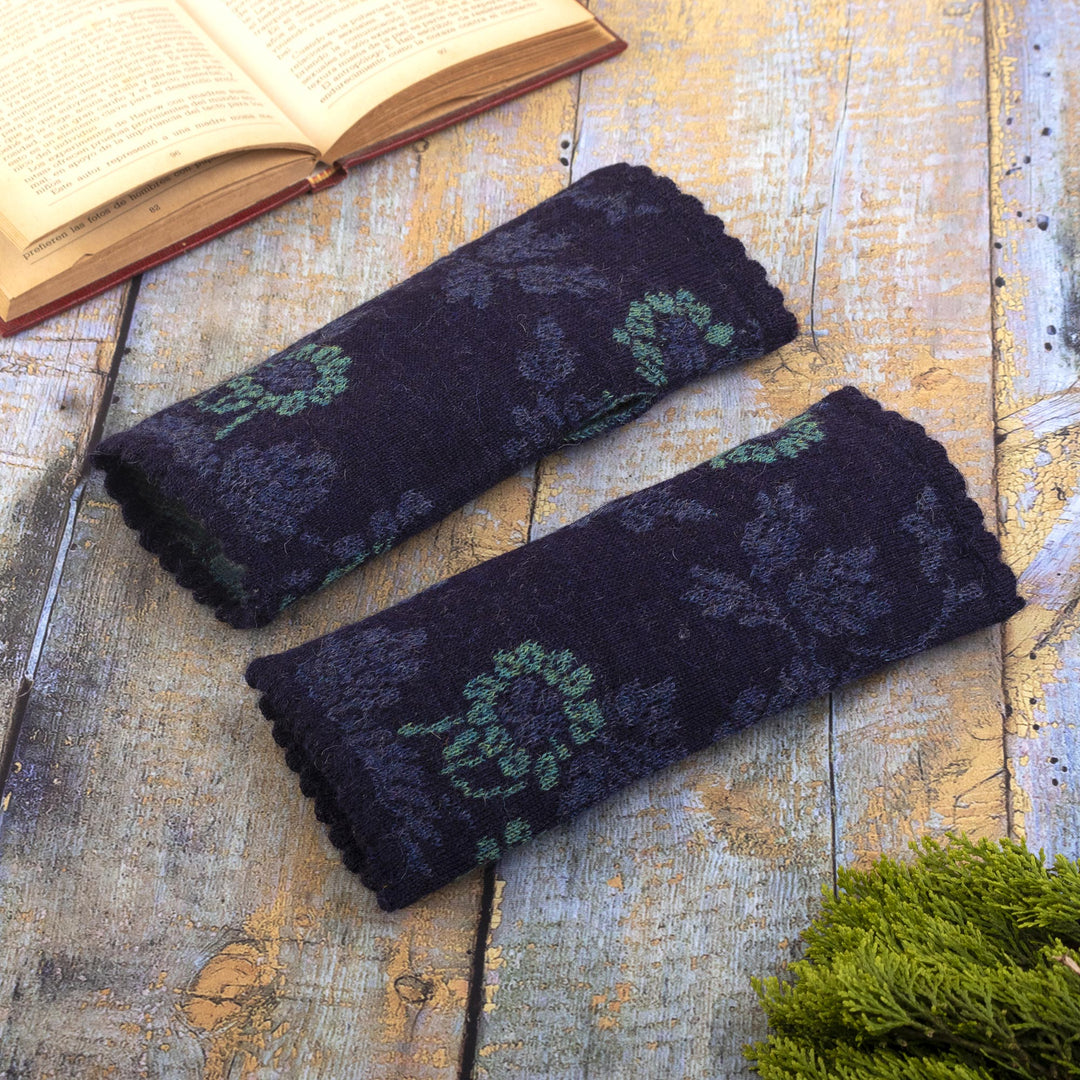 Knit 100% Alpaca Floral Fingerless Mitts - Blue Dream Garden