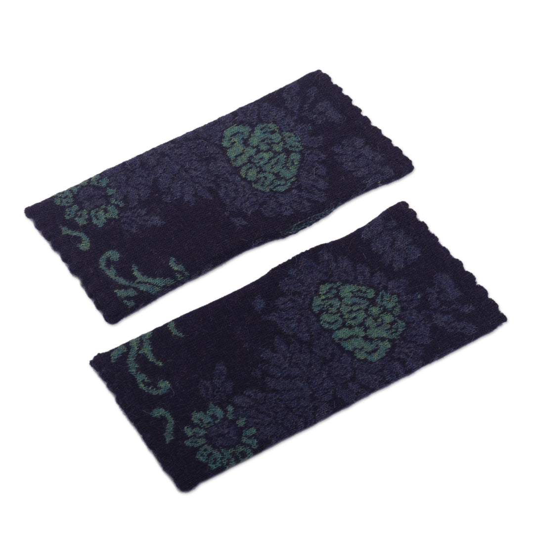 Knit 100% Alpaca Floral Fingerless Mitts - Blue Dream Garden