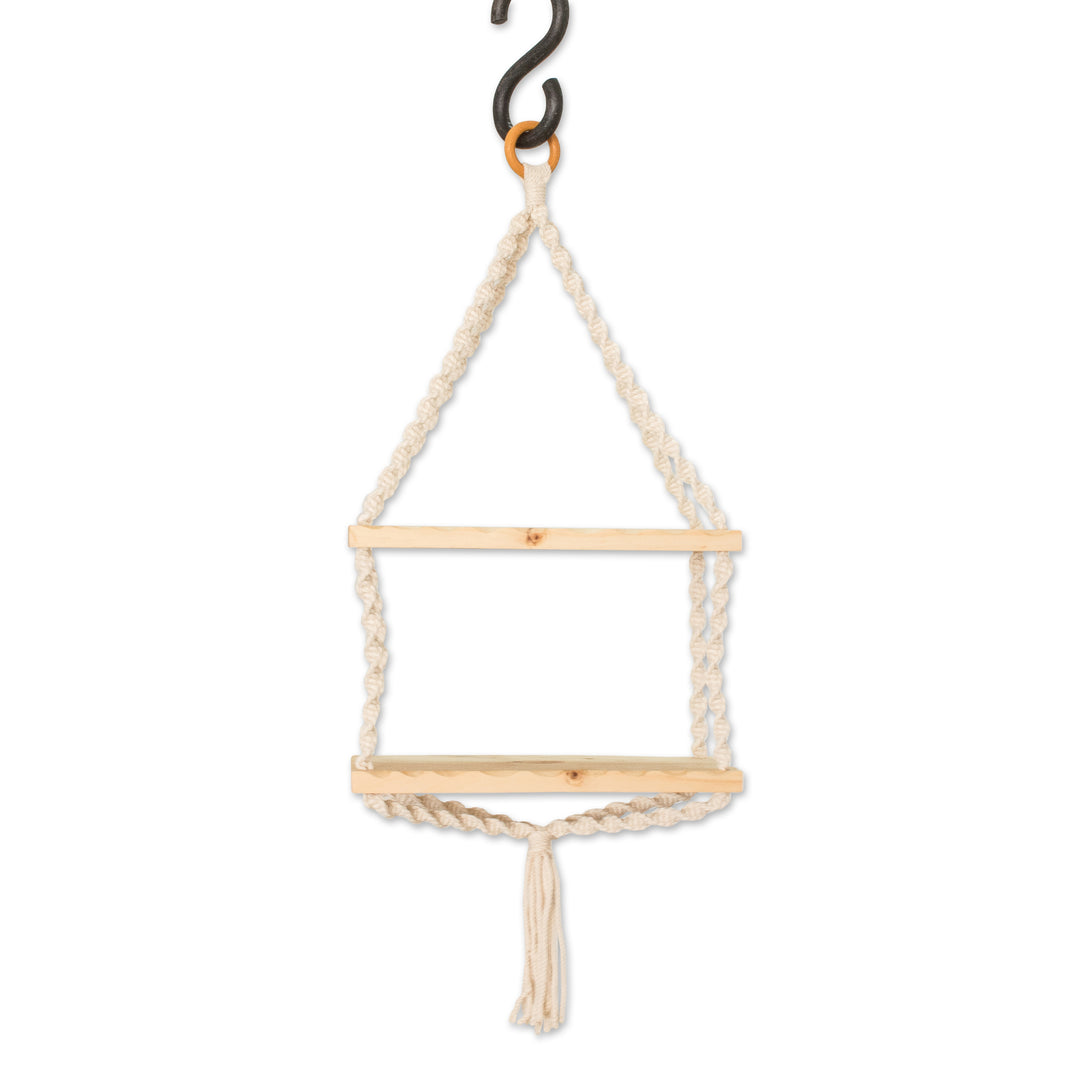 Pine Wood and Cotton Macrame Hanging Shelf From Costa Rica - Keepsake Hammock