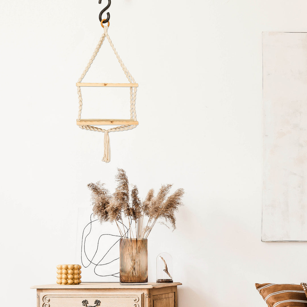 Pine Wood and Cotton Macrame Hanging Shelf From Costa Rica - Keepsake Hammock
