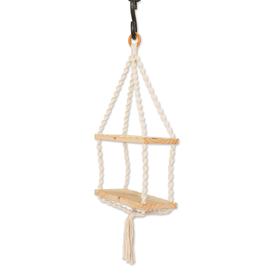 Pine Wood and Cotton Macrame Hanging Shelf From Costa Rica - Keepsake Hammock