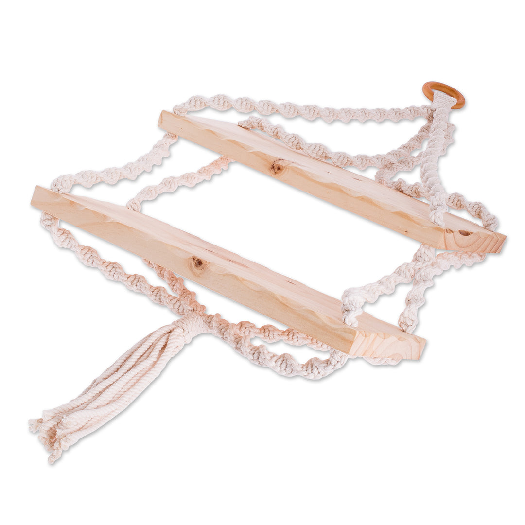 Pine Wood and Cotton Macrame Hanging Shelf From Costa Rica - Keepsake Hammock
