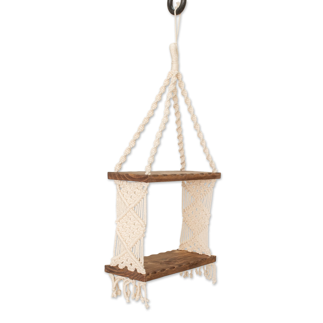 Pine Wood and Cotton Macrame Hanging Shelf From Costa Rica - Treasure Hammock