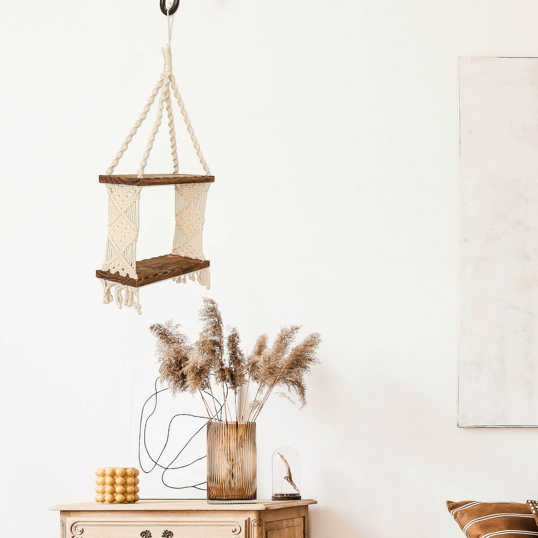 Pine Wood and Cotton Macrame Hanging Shelf From Costa Rica - Treasure Hammock