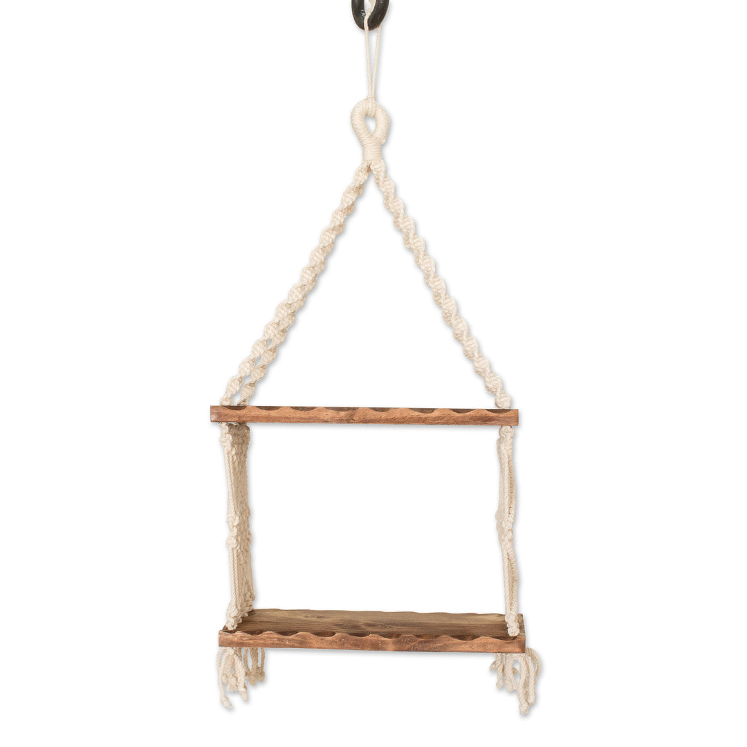 Pine Wood and Cotton Macrame Hanging Shelf From Costa Rica - Treasure Hammock