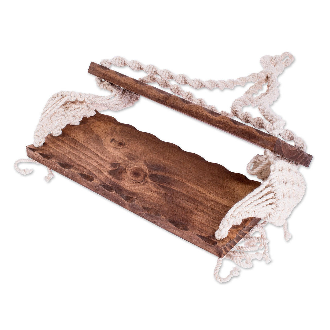 Pine Wood and Cotton Macrame Hanging Shelf From Costa Rica - Treasure Hammock