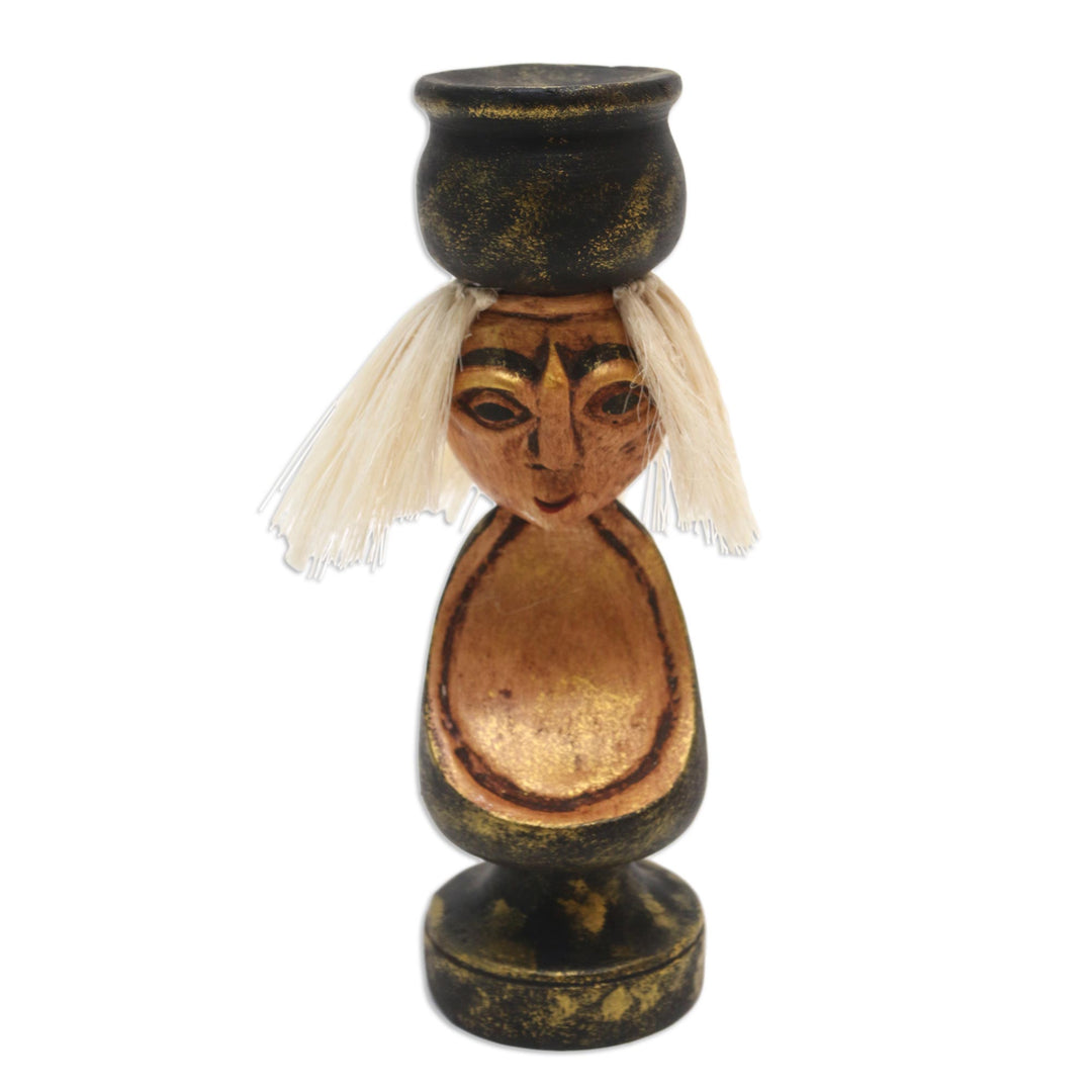 Handmade Albesia Wood Grandmother Statuette - Caring Grandmother