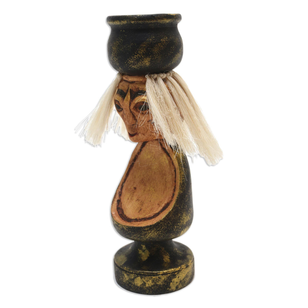 Handmade Albesia Wood Grandmother Statuette - Caring Grandmother