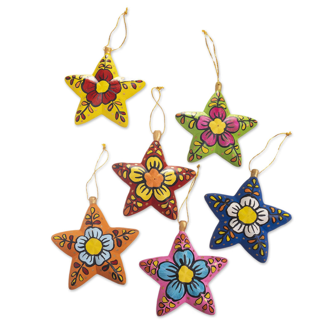 Ceramic Star Ornaments With Hand-Painted Flowers (Set of 6) - Ayacucho Flowered Stars