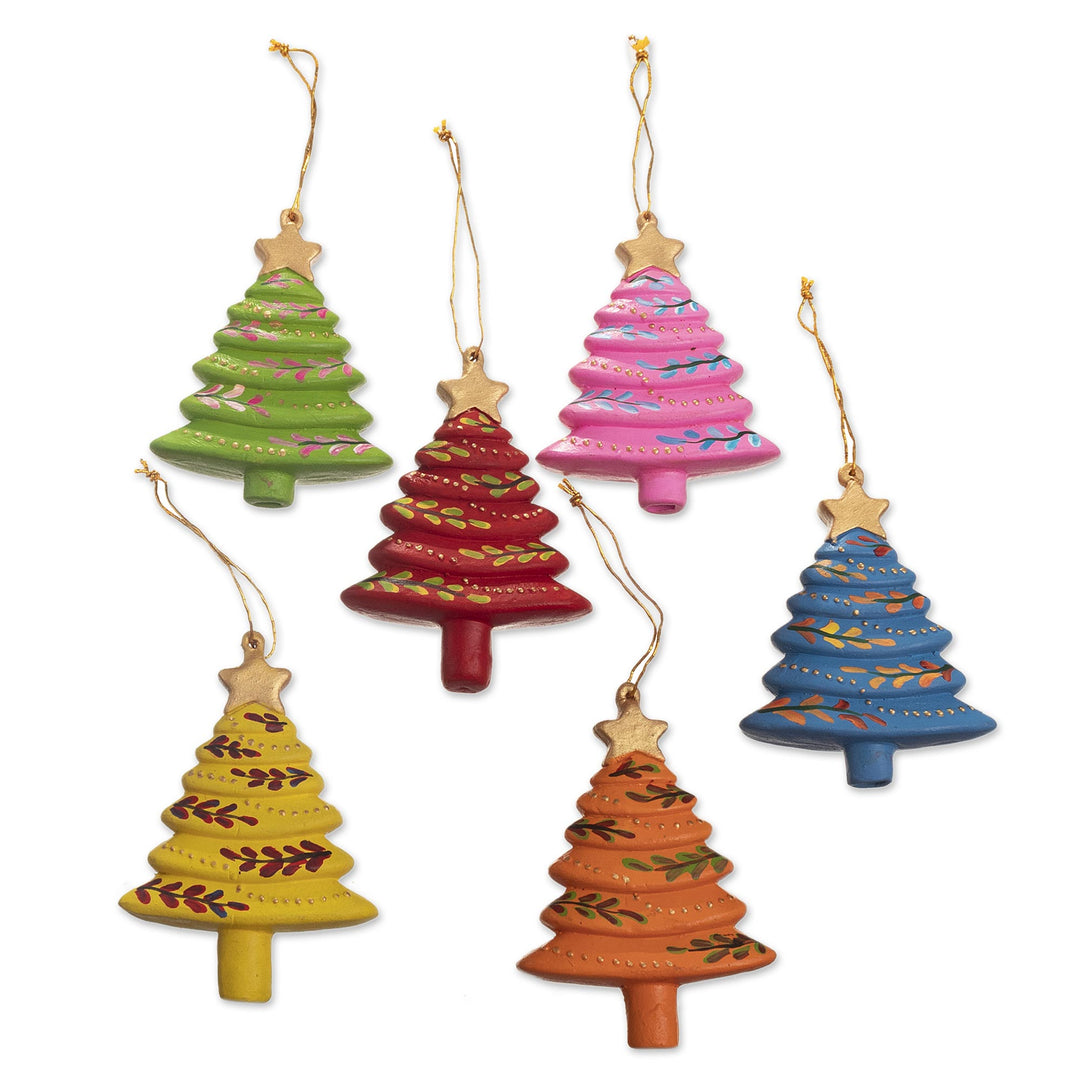 Handcrafted Tree Ornaments (Set of 6) - Colorful Evergreens