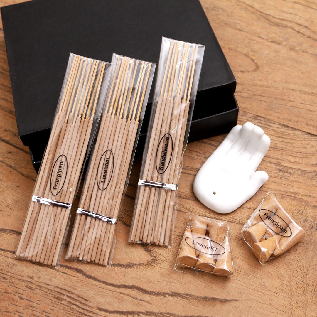 Lavender and Frangipani Ceramic Incense Set - White Palm