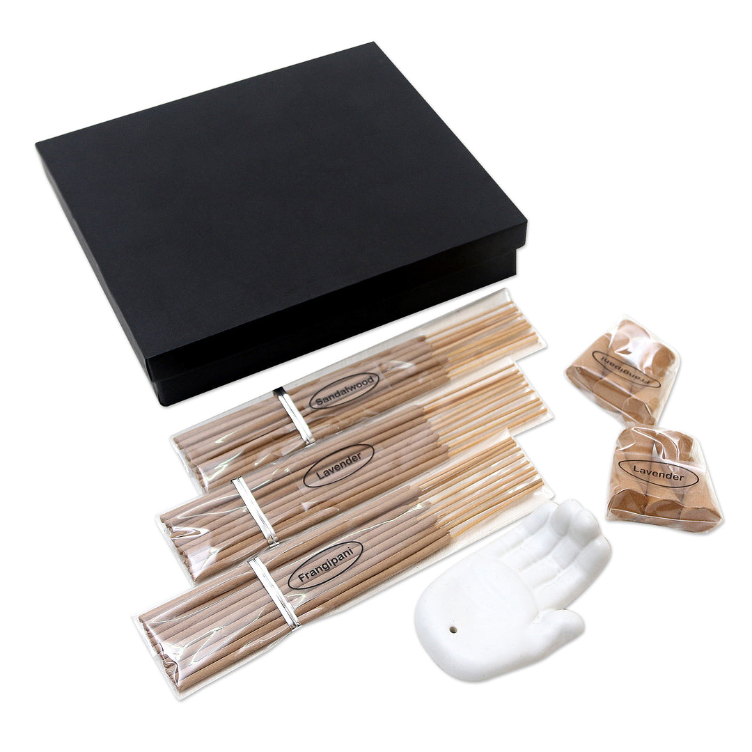 Lavender and Frangipani Ceramic Incense Set - White Palm