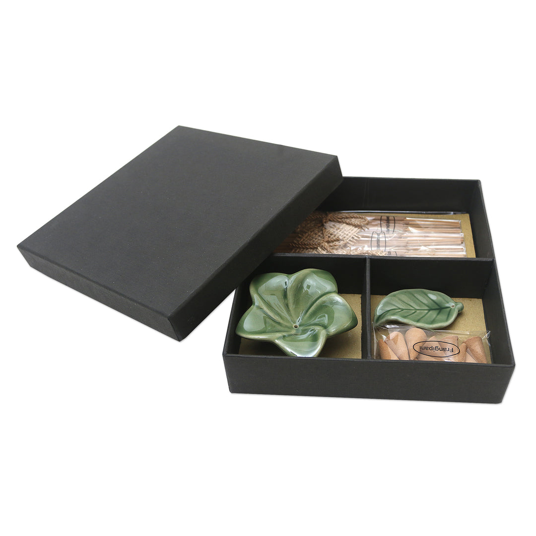 Ceramic Incense Set with Leaf Motif - Scented Frangipani