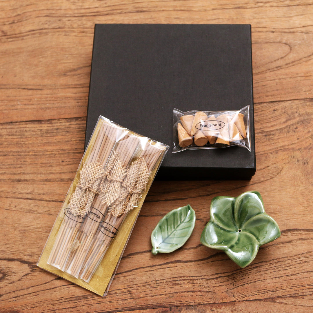Ceramic Incense Set with Leaf Motif - Scented Frangipani