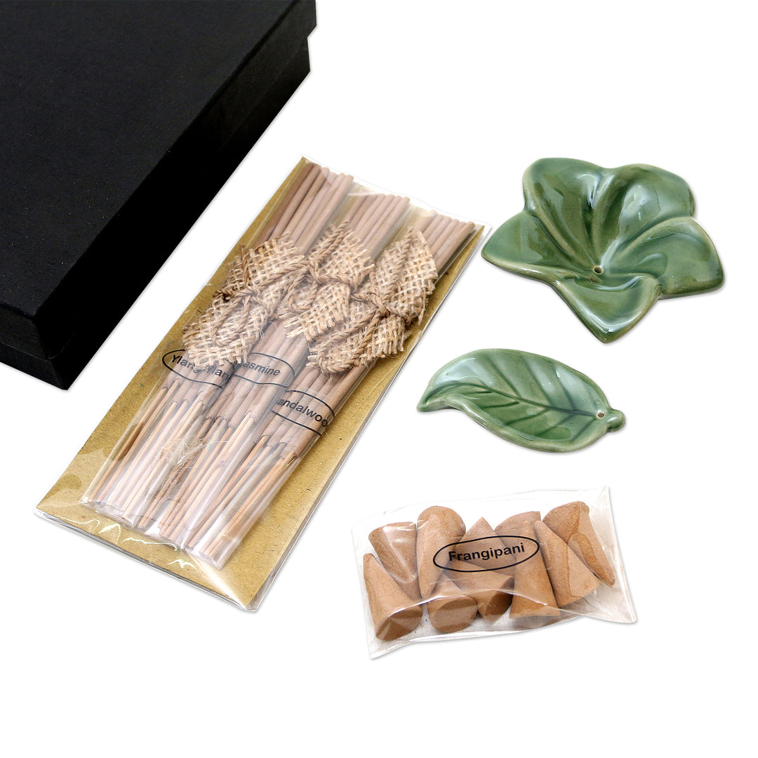 Ceramic Incense Set with Leaf Motif - Scented Frangipani