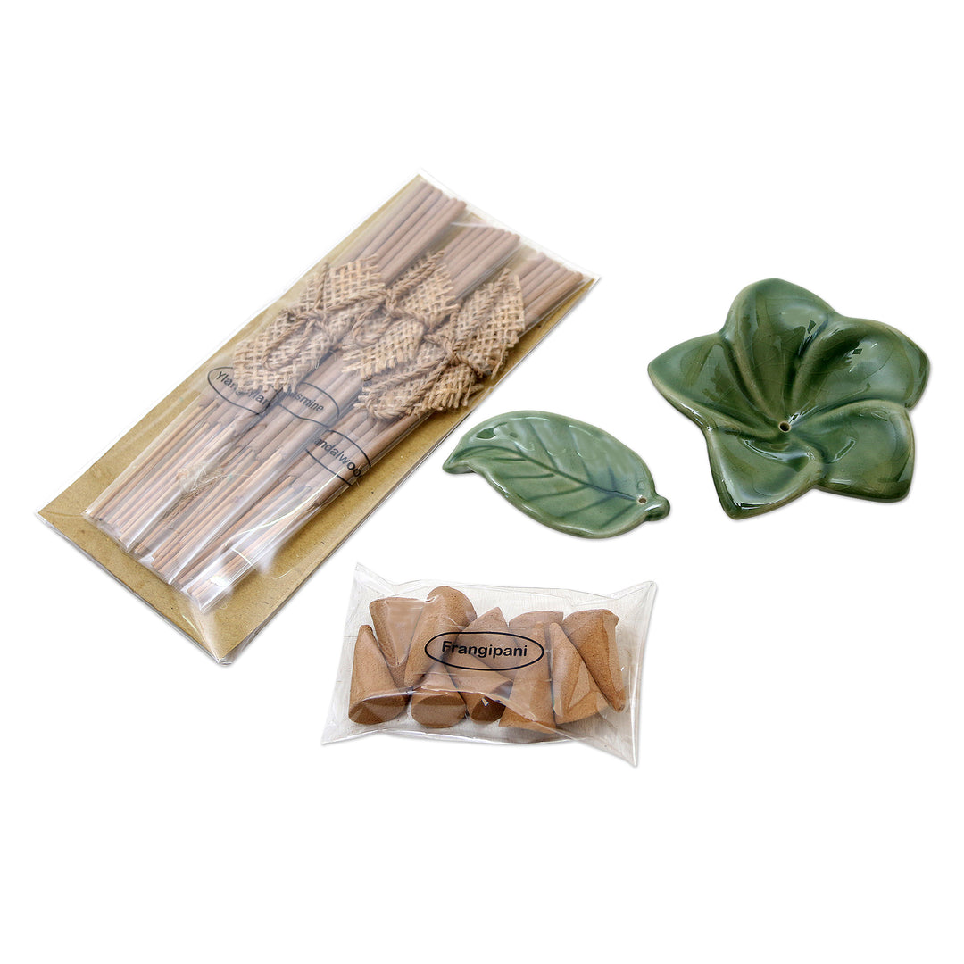 Ceramic Incense Set with Leaf Motif - Scented Frangipani