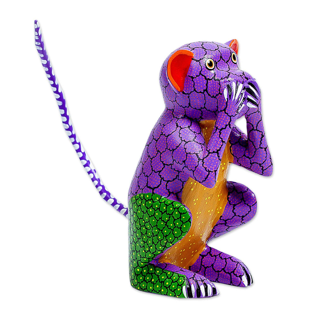 Wood Alebrije Carving of Multicolored Monkey from Oaxaca - Speak No Evil