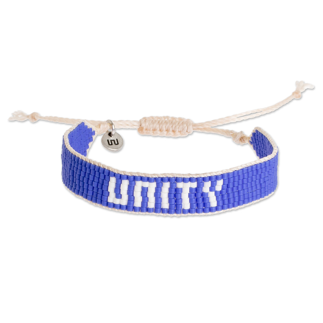 Blue and White Glass Bead Woven Bracelet with Sliding Knot - Unity in Blue