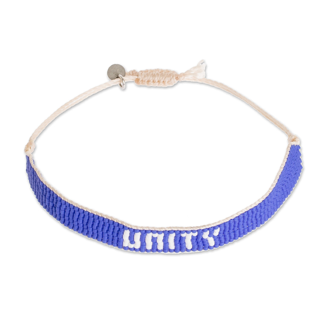 Blue and White Glass Bead Woven Bracelet with Sliding Knot - Unity in Blue